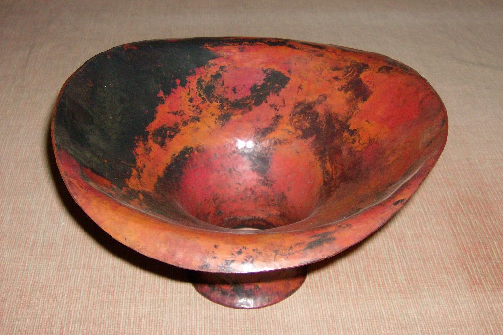 Copper raised and formed vase, raised from 16 gauge diameter flat-sheet, heat treated for color