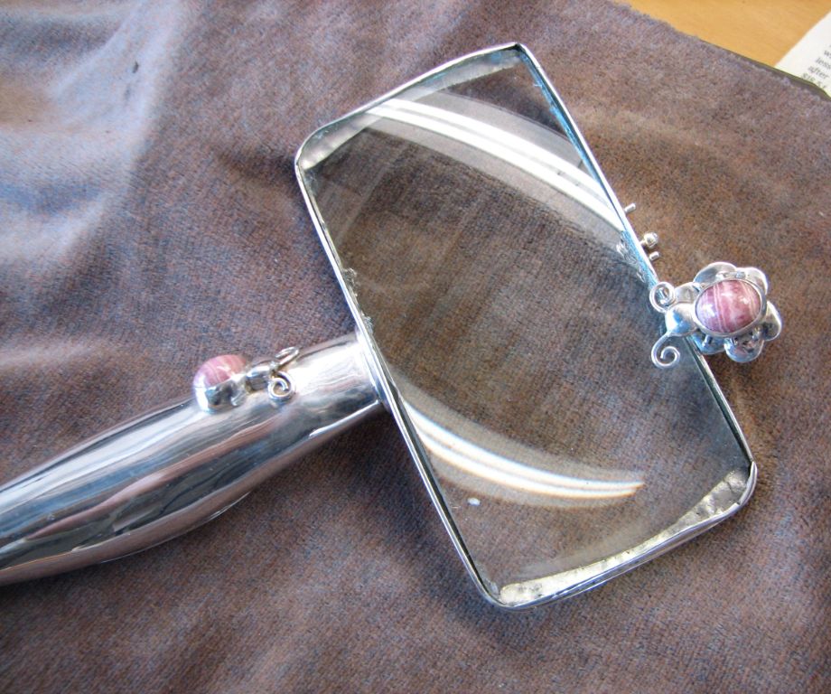 Silver and Ladybug magnifying glass with rose quartz (approx. 4" x 6")