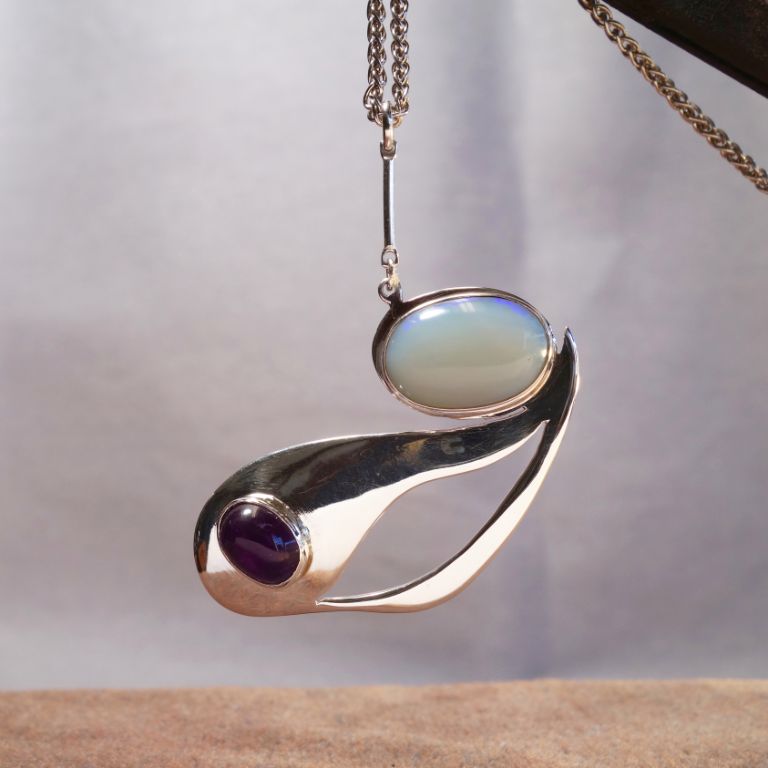 Silver, opal and amethyst asymmetrical pendant