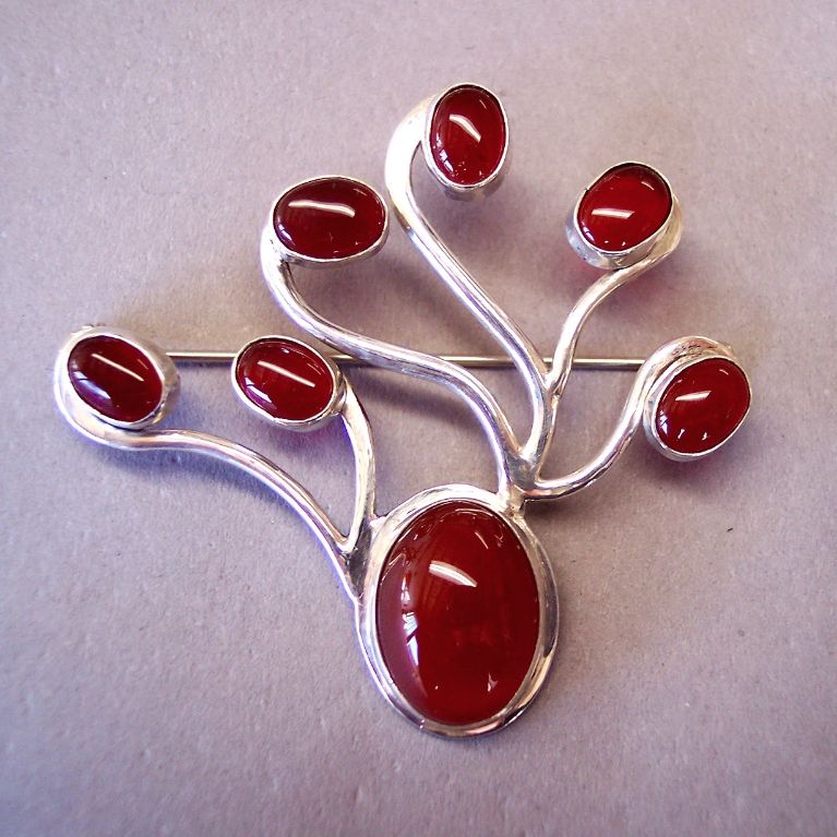 Tree of Life design, silver and carnelian pin