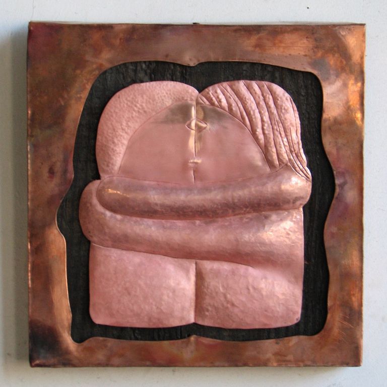 Homage to Brancusi's "The Kiss" (copper and burnt wood)