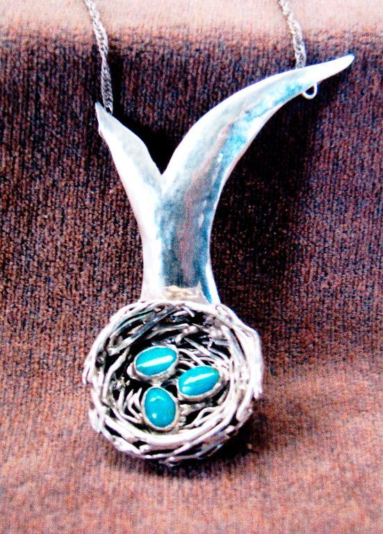 Silver and turquoise pendant - nest from 20 gauge wire.